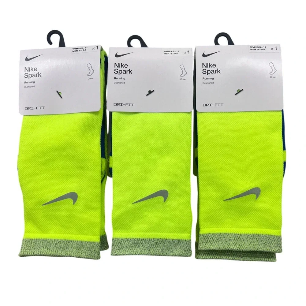 3 Nike Spark Running Crew‎ Socks Volt Yellow Dri-FIT Cushioned M 8-9.5 W 9.5-11